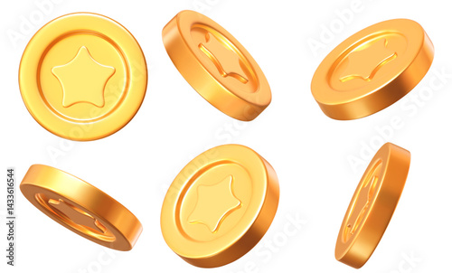 3D set realistic golden coins with star with different angles. Symbol of gold and wealth. Stock vector illustration on isolated background.	