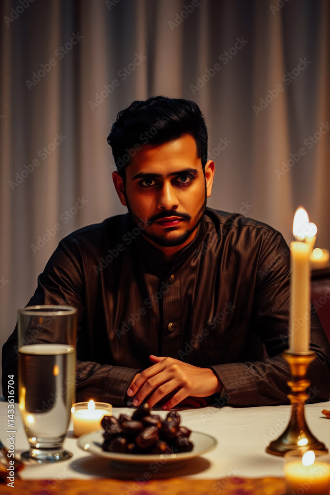 Man Contemplating Dates and Water in Ramadan