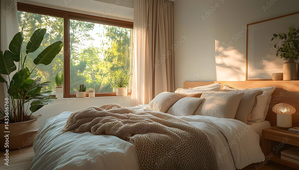 Fototapeta premium a serene sanctuary embracing natures touch in a cozy bedroom bathed in soft light and earthy hues