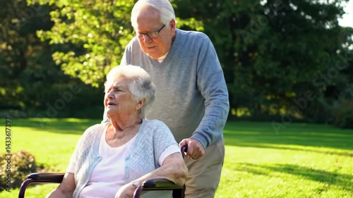 Elderly man pushing woman in wheelchair in sunny park. Senior couple leisure outdoors. Happy retirement and health care concept video footage for medical presentation.