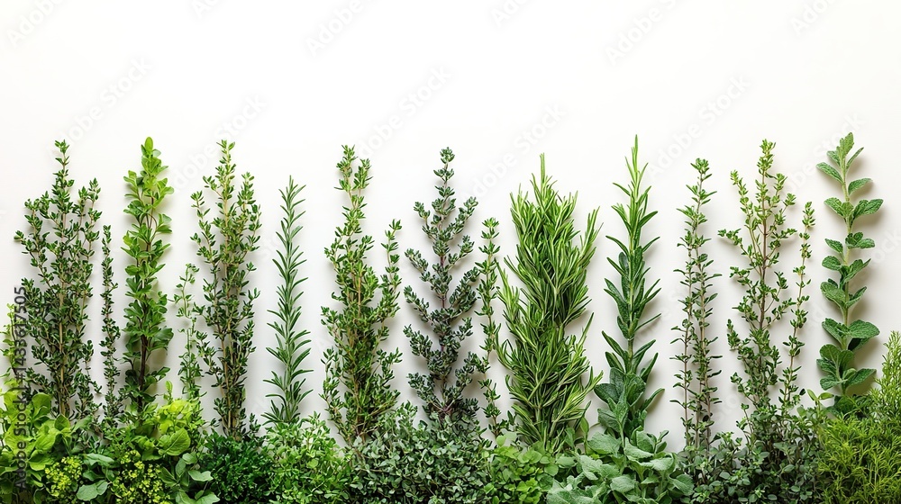 Fresh herbs arranged in rows on white background Fresh herbs arranged in rows on white background