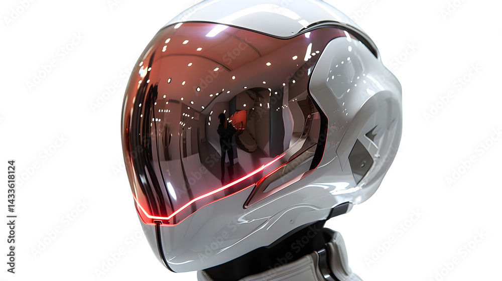 Fototapeta premium Futuristic cosplay helmet with neon visor, isolated from front angle, white background 