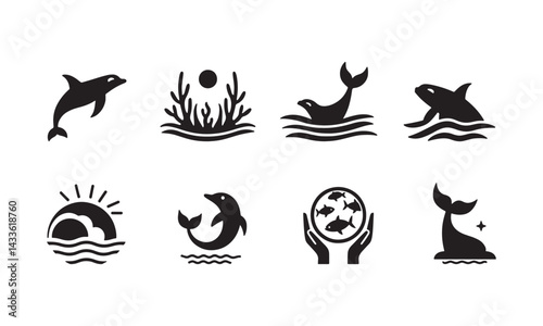 Marine Life Silhouettes and Icons Vector Set