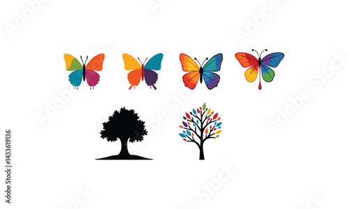 Colorful Butterflies and Trees Vector Set