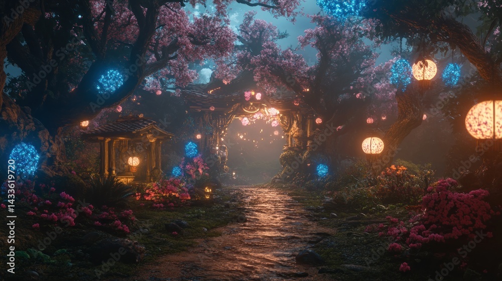 Obraz premium Enchanted nighttime path through a magical forest.