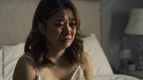 Young woman sitting and crying on bed after argument with her husband. Relationship problems concept
