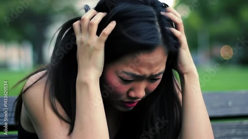 Young woman sitting with head in hands, distraught, battling anxiety