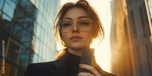 Confident businesswoman in city holding phone sunset light urban professional stylish glasses modern business