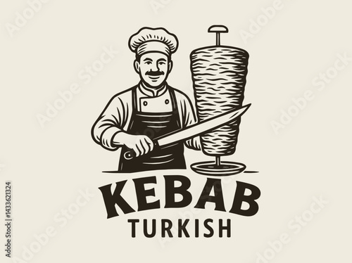 Chef slicing doner meat with knife, in vintage engraving style emblem