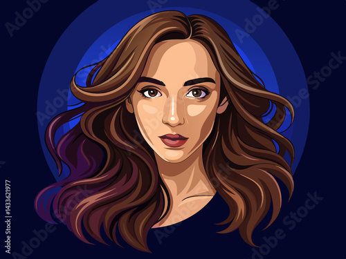 vector of Portrait of a beautiful brunette girl with gorgeous wavy hair on a dark background.