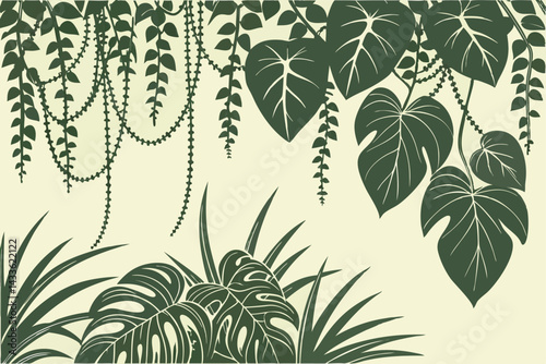 87 Lush green vine wall, dense foliage, cascading leaves, tropical plant texture, hanging garden, natural background, botanical wallpaper, vertical garden, organic pattern, rich verdant hues, string o