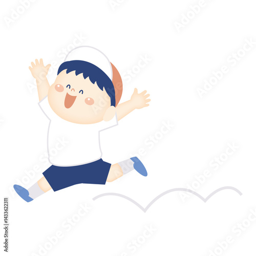 喜んで飛び跳ねる体操着の男の子のイラスト