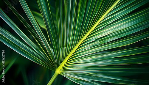 green palm leaf close up showcasing vibrant veins and textures photo