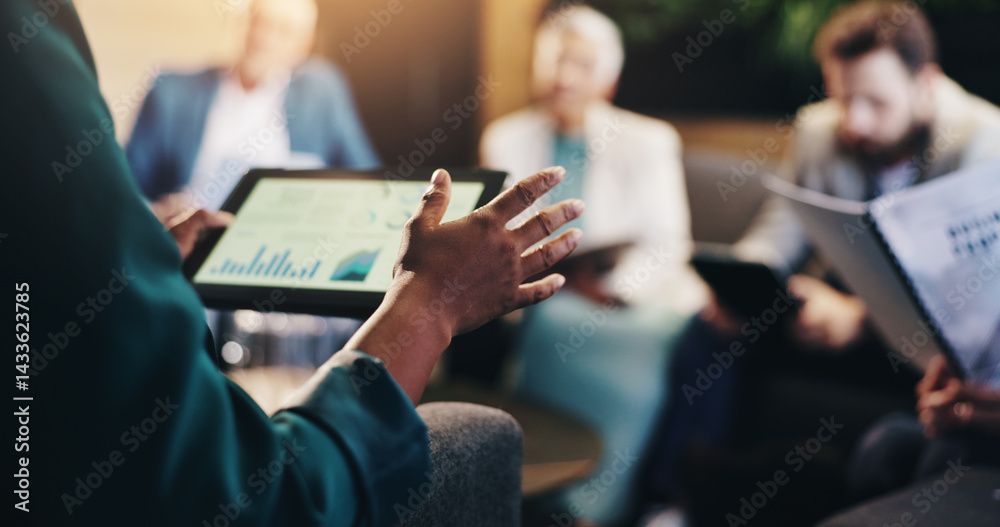 Business graphs, hands and meeting with tablet screen for corporate revenue, company performance or profit growth. Closeup, investors and charts for budget forecasting, financial discussion or review