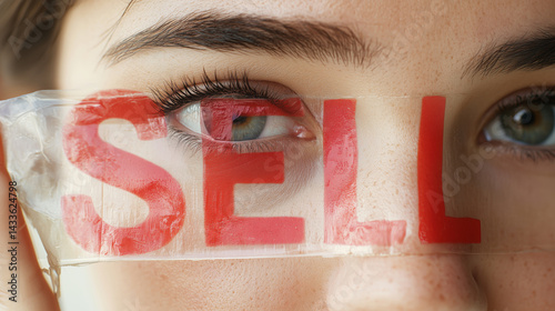Close-up of a Young Woman's Eye Behind Transparent Tape with Bold Red 'SELL' Text for Advertising and Marketing Concepts
