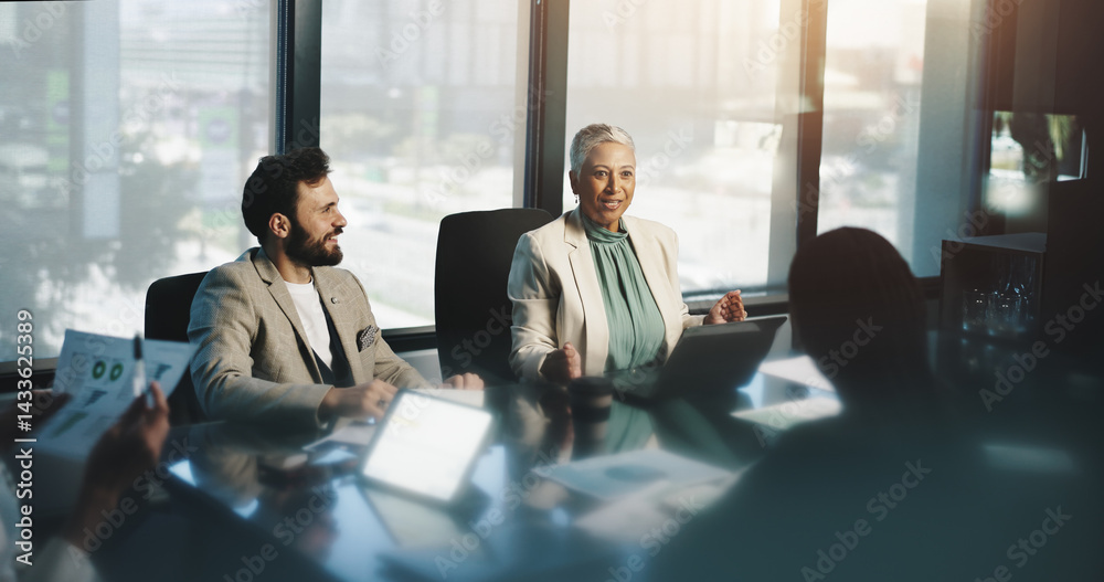 Meeting, collaboration and people with documents, boardroom and discussion for stats, team and company. Corporate, colleagues and analysis of charts in business, planning or communication for updates