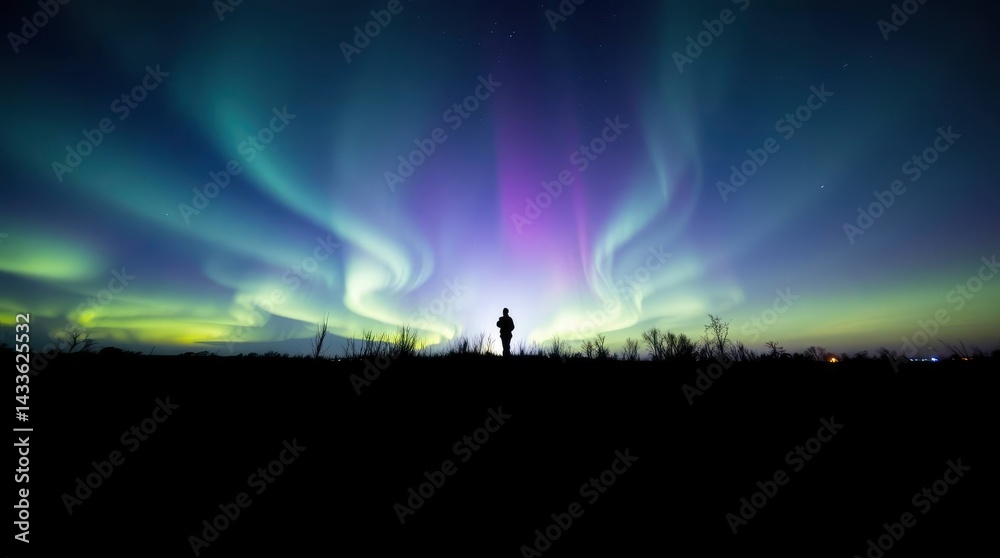 Fototapeta premium Person Watching the Aurora Borealis at Night Silhouette