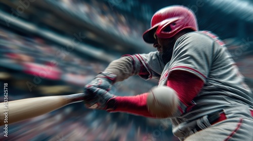 dynamic close up of baseball player hitting ball with intense swing and motion blur photo