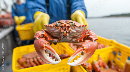 Fisherman Holding Lobster Above Yellow Baskets on Boat in Calm Waters During Daytime