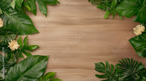 Lush Green Leaves and Light Floral Accents on Wooden Background for Natural Decor and Design Concepts
