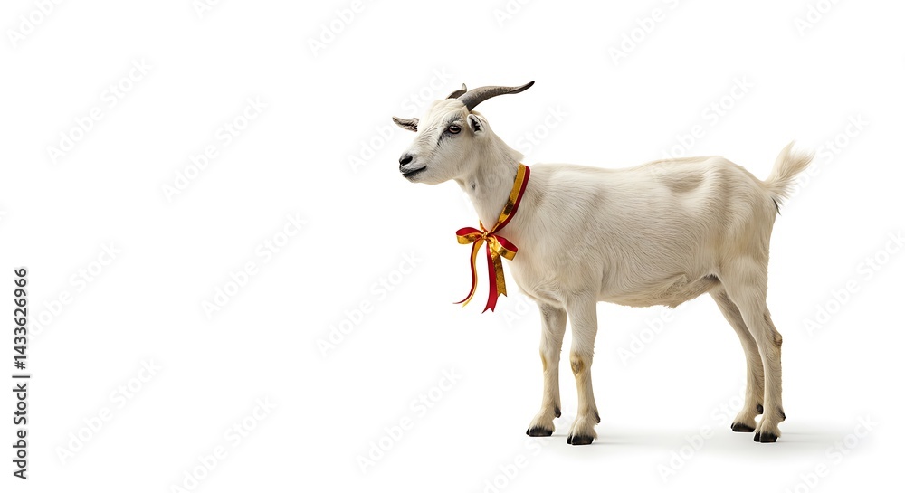 Fototapeta premium Standing Goat with Bow Isolated on White Background