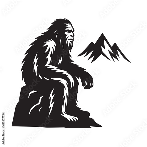 Black and white vector illustration of a Yeti (Bigfoot) sitting on a rock with refined details, gazing at the mountains