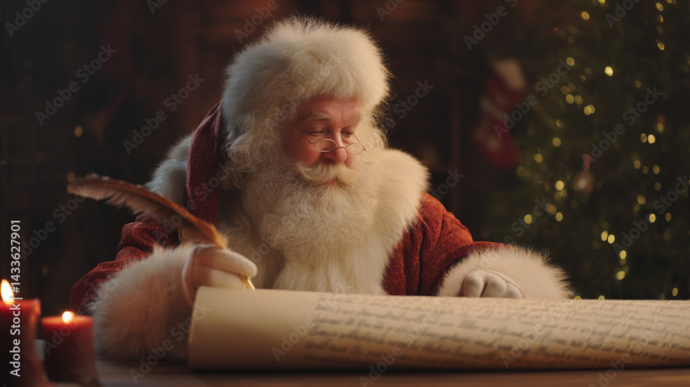 Obraz premium Santa Claus writes with a pen on a large paper scroll on the background of a Christmas decor.