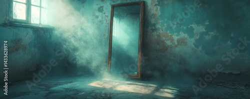 Sunlit, misty abandoned room with a large mirror