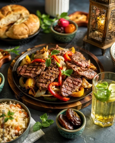 Delicious grilled steak served with colorful vegetables and assorted sides during a vibrant dinner gathering