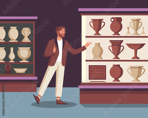 Museum Visitor Admiring Ceramic Vases Displayed in Cabinets - Cultural Heritage Exhibition