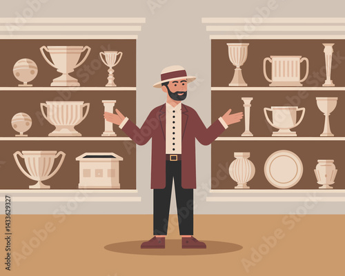 Museum Curator Presenting Ancient Artifacts Collection in Display Shelves, Vector Illustration