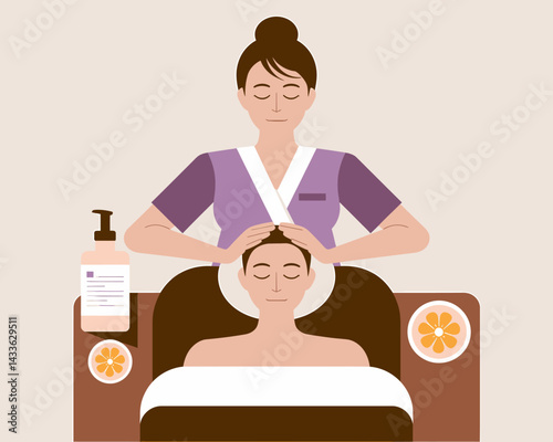 Woman receiving relaxing head massage in spa. Wellness treatment with aromatherapy oil and citrus slices. Spa day illustration.