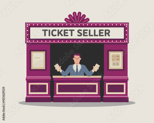 Cartoon Ticket Seller at Booth, Theater Event, Man Selling Tickets