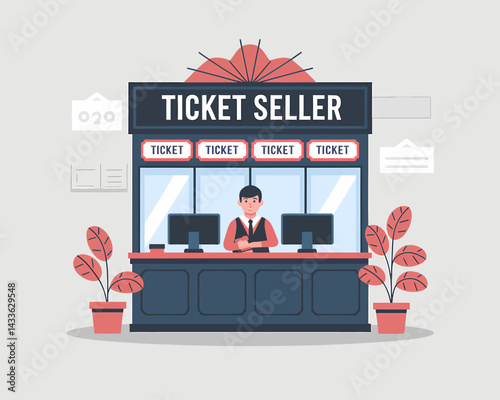 Animated Ticket Seller Illustration: Event Sales Booth with Attendant and Potted Plants.