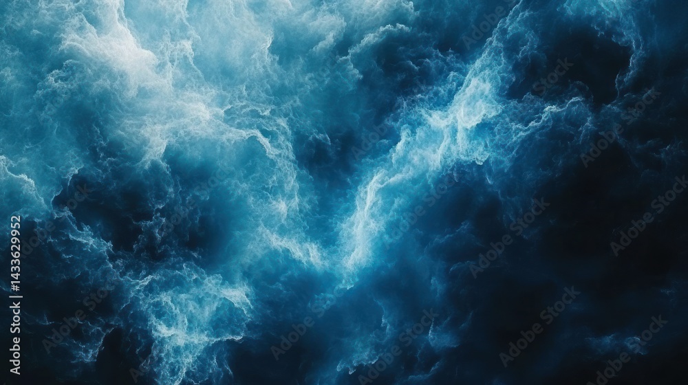 Fototapeta premium Abstract swirling, textured clouds in deep blues and whites.
