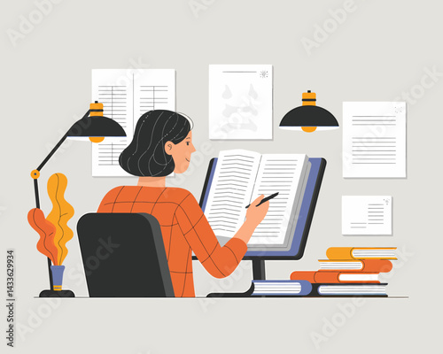 Focused Student Studying with Open Book and Computer at Desk