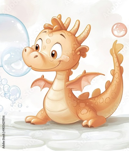 Playful cartoon dragon blowing bubbles in a whimsical setting with a cheerful expression and vibrant colors, perfect for children's illustrations and fantasy themes, joyful character concept
