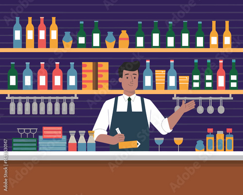 Bartender Taking Order in a Bar with Shelves of Bottles, Preparing Drinks, Professional Mixologist Serving Customer at Counter