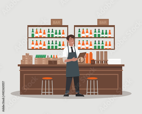 Bartender Taking Inventory in a Stylish Bar with Alcohol Bottles on Shelves
