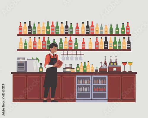 Bartender at Work: Ordering, Inventory, or Reading Menu in Restaurant or Bar