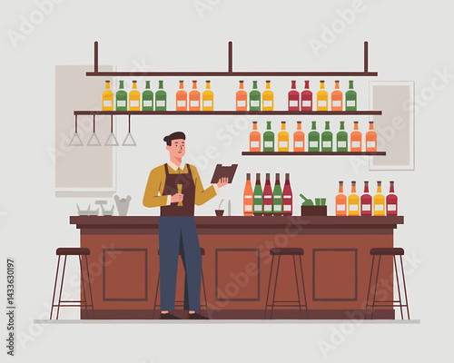 Bartender reviewing drink inventory at a bar, with shelves filled with various liquor and wine bottles, in an establishment.