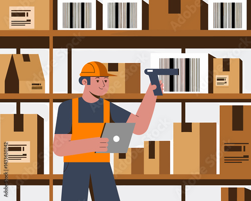 Warehouse Worker Scanning Barcodes with Laptop, Managing Inventory in Storage Facility, Wearing Hard Hat and Safety Vest.