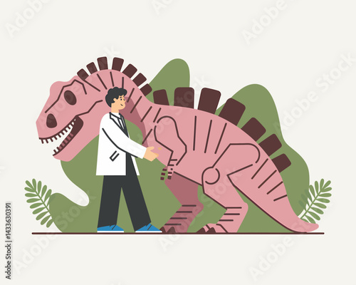 Friendly Encounter: Doctor Shaking Hands with a Pink Tyrannosaurus Rex Illustration
