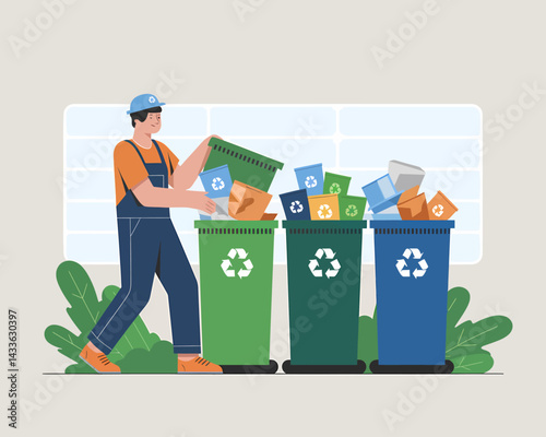 Worker segregating recyclable materials into color-coded recycling bins for sustainable waste management.