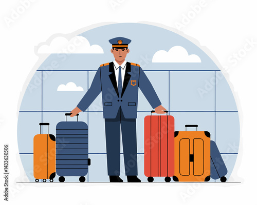 Airport worker with luggage: Travel security, service profession, passenger assistance, and baggage handling illustration