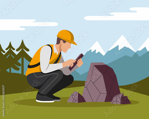 Geologist inspecting rock formation with digital tool in scenic mountain landscape, geological survey concept.