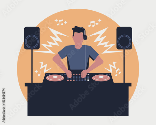 DJ Mixing Music at Console with Sound System and Musical Notes Graphic Illustration