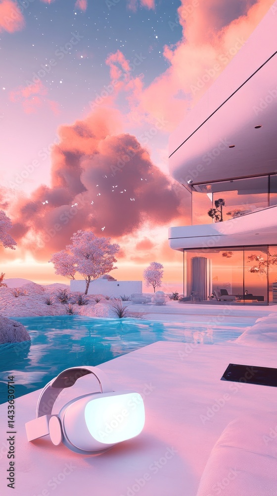 Fototapeta premium A VR headset sits on a table overlooking a futuristic pool and modern home against a pink sunset sky.