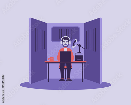 Man recording podcast in studio, wearing headphones, using microphone and laptop in soundproofed booth.