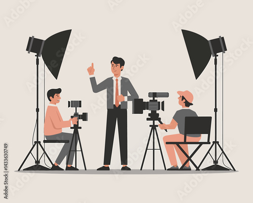 Film crew shooting with actor on set, movie production, broadcast industry vector illustration.